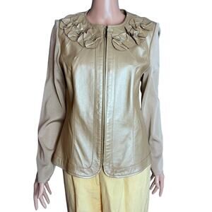 Peter Nygard Mixed Media Gold Leather Knit Jacket Medium 3-D Floral Detail Luxe